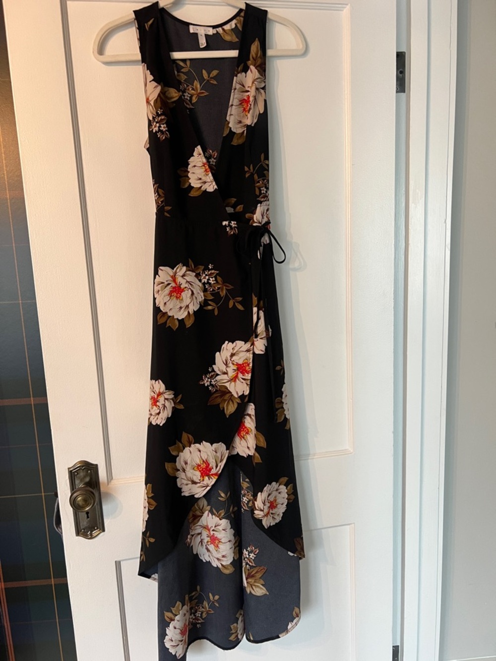 Leith Black Wrap High-Low Dress with Cream and Olive Floral Print